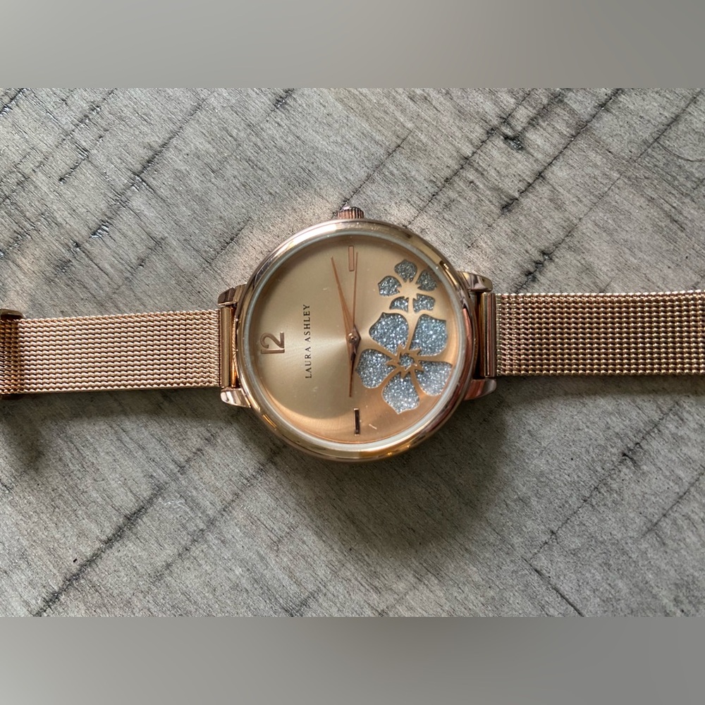 Laura Ashley rose gold ladies watch with mesh band.
